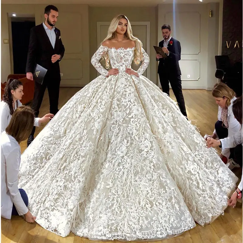 

Vestidos De Novia Hot Lace Ball Gown Wedding Dress Luxury Long Sleeves Dubai Wedding Gowns Feathers Robe De Mariee