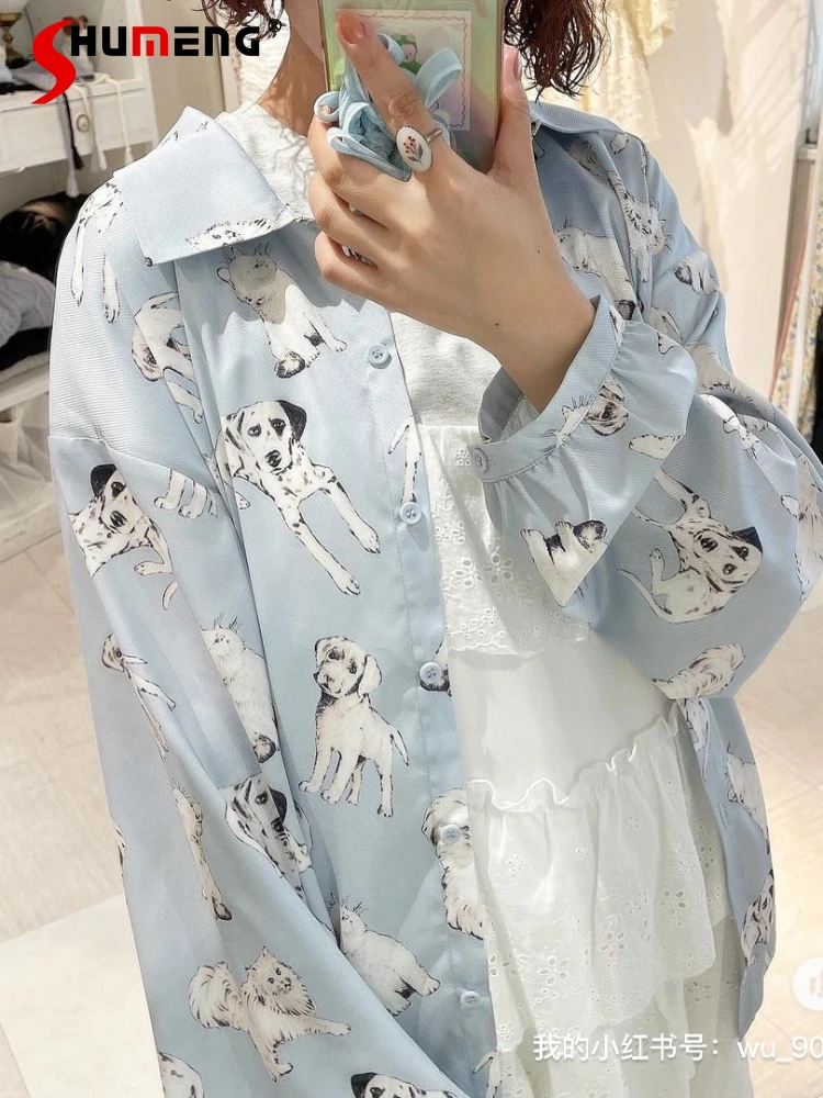 Japanese Cute Girl Printed Shirts 2023 Autumn New Sweet Ladies Childlike Dogs and Cats Pattern Tops Blusas Femininas Elegantes winter gloves for women ladies hands warm in style cats claw gloves plush half finger gloves