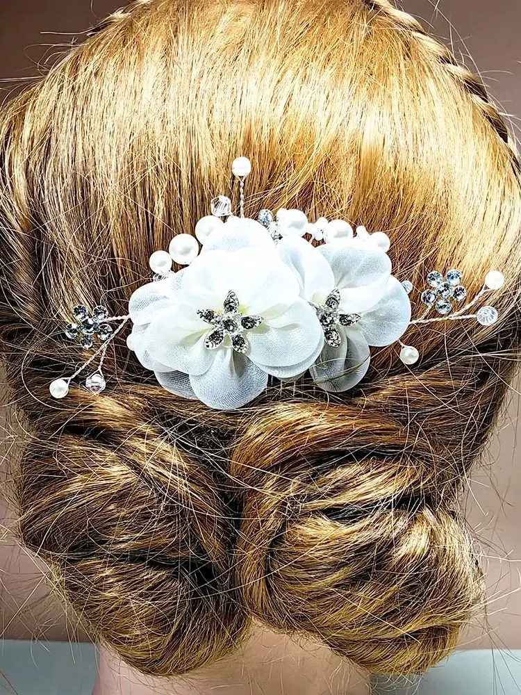 Bridal Flower Wedding Hairpin Crystal Pearl Hairpin Headwear Wedding Hair Jewelry with Rhinestones Bride Bridesmaid Ladies Girl