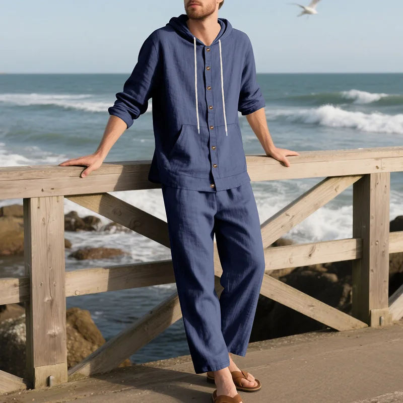 New Spring and Autumn Style Loose Men's Hoodie Set, Linen Material Beach Casual Two-Piece Suit