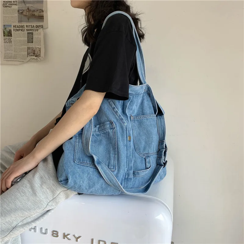 

2023 New Harajuku Workwear Washed Denim Fabric Bag Women's Korean Version Ins Girls' Crossbody Bag Large Capacity Shoulder Bag