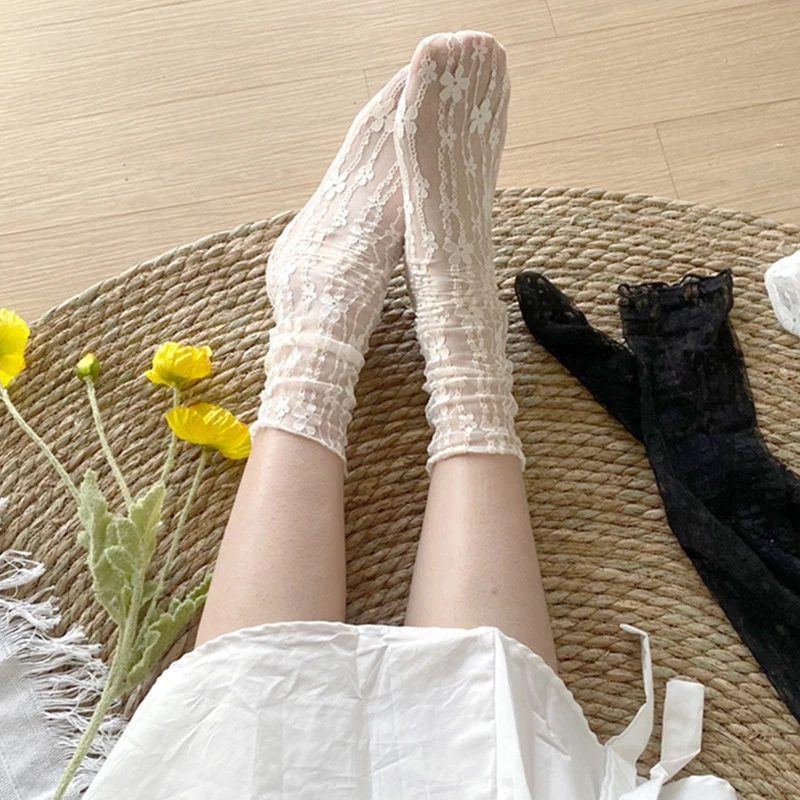 Frauen Sexy Spitze Blume Mode Ultra-dünne Transparente Sommer Japan Stil Hohl Mesh Crew Socken Harajuku Retro Lange Kawaii socken – Detail 8
