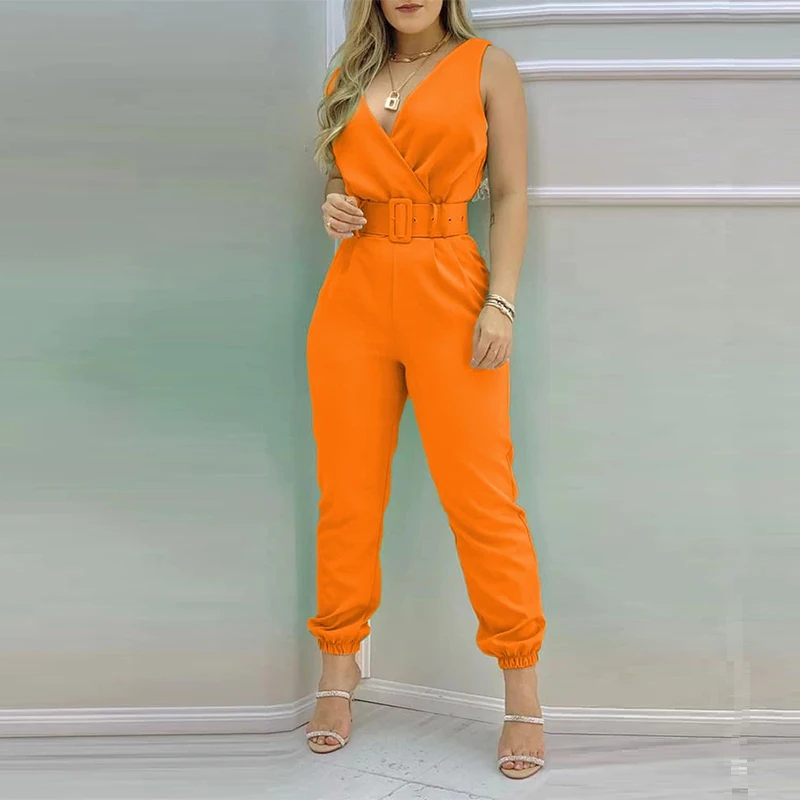 Summer Casual Fashion Playsuit Sexy V-neck Backless Printing Tank Top Jumpsuits Ladies Patchwork Belt Rompers Women's Clothing