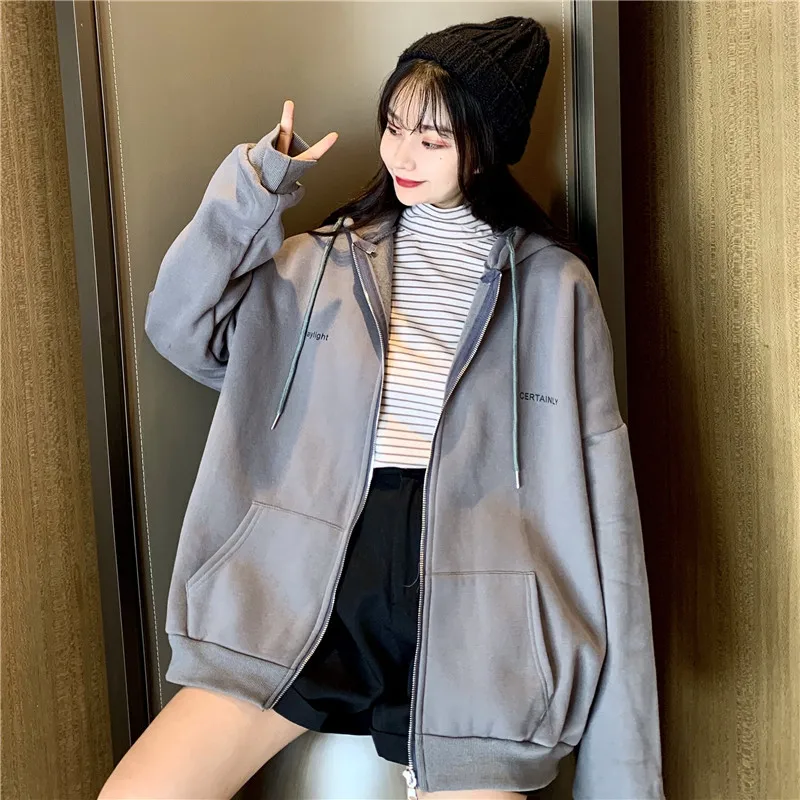 Korean Fashion Young Style Streetwear Zip Up Hoodie Women Girls Kawaii Big  Loose Casual Oversized Sweatshirt Cheap Wholesale