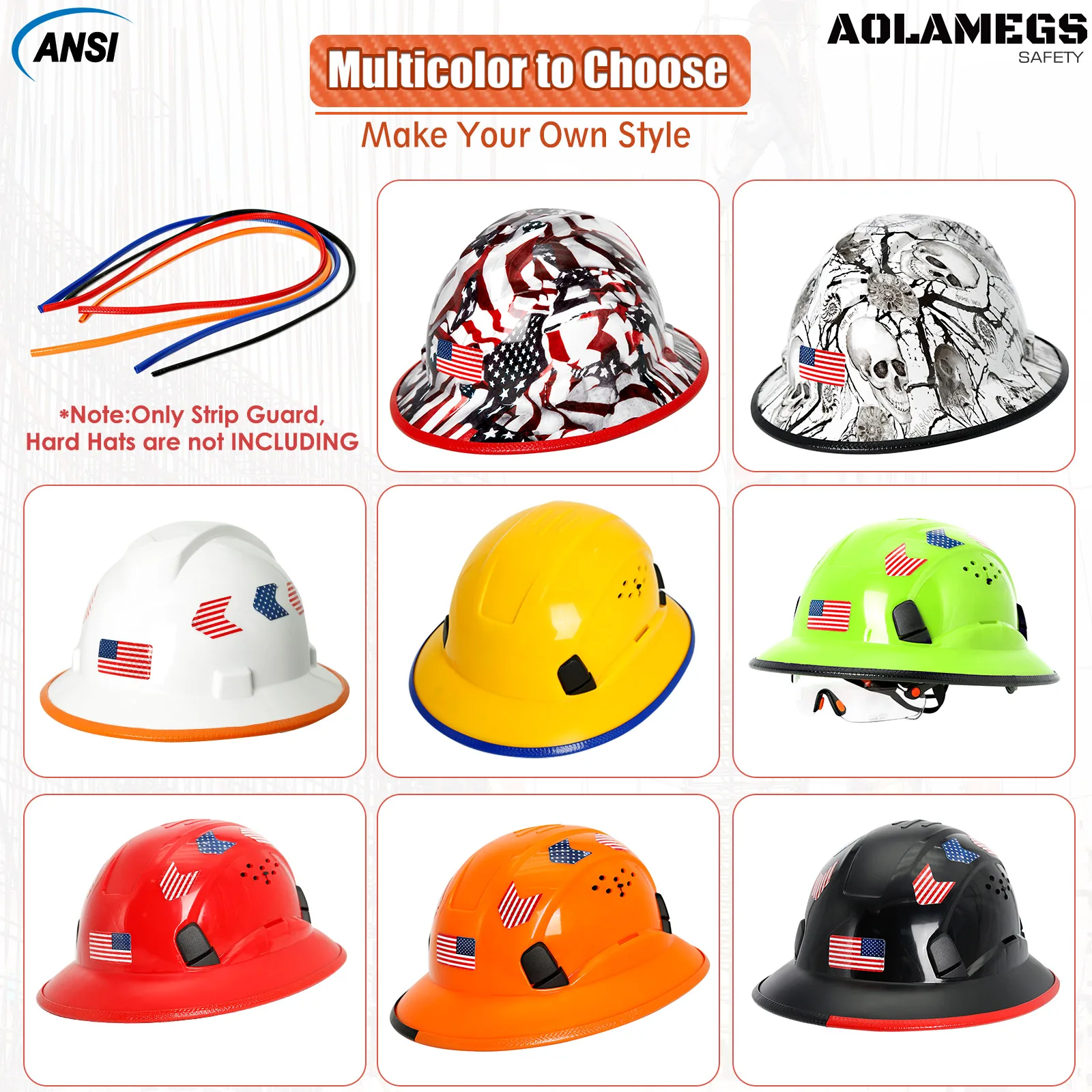 Aolamegs Anti-collision Strips Full Brim Hard Hat Guard Strengthen Helmet Protection Helmet Accessories 36.6in Length Croppable safety helmet