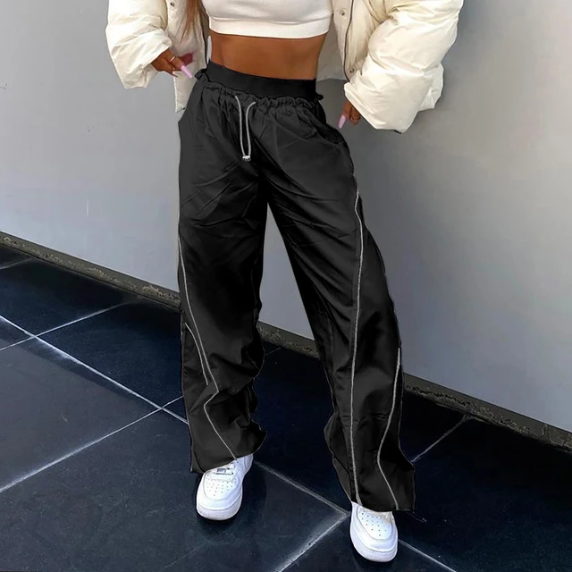 Women Punk Style Multi Pockets Cargo Pants Drawstring Straight Leg Trousers