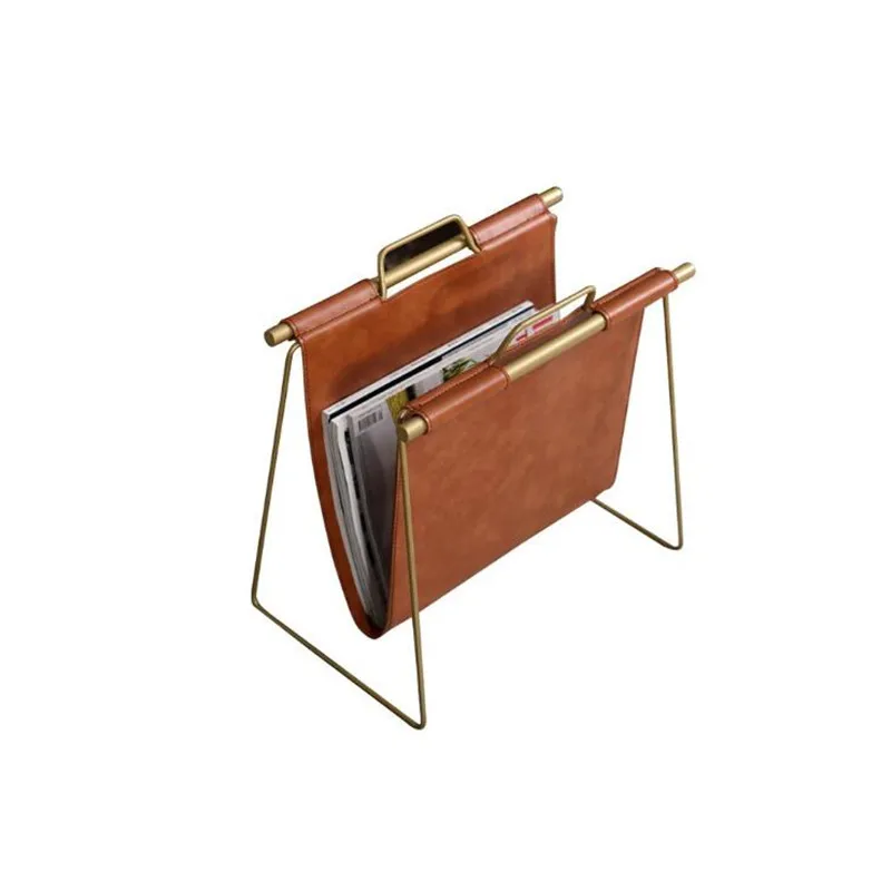 Plated Metal Wire and Faux Leather Magazine Holder Rack Standing Magazines Books Newspapers Home Staging Show Room Decoration