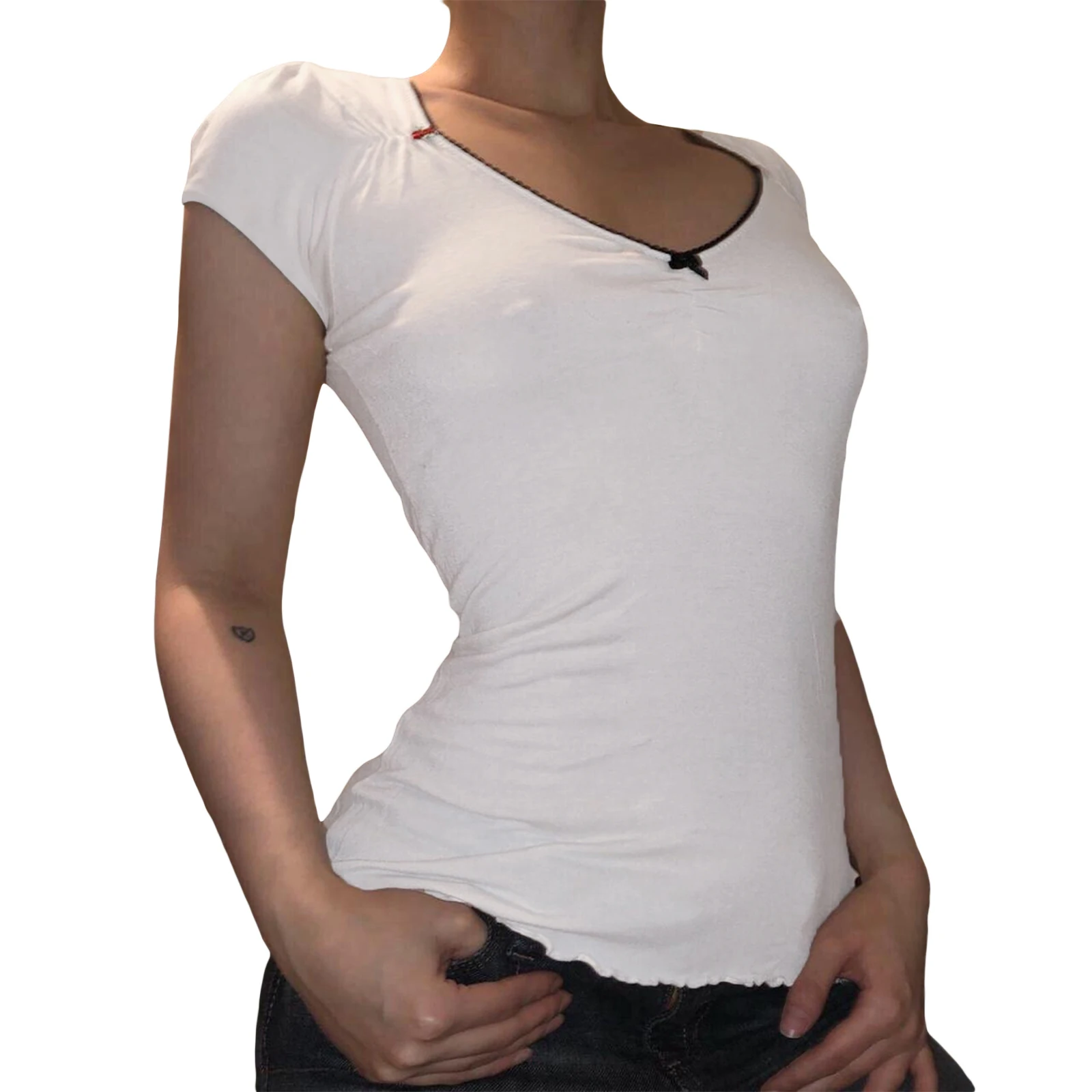 

Women's Y2K Vintage Short Sleeve T-Shirts Lace Spliced V-Neck Tee Shirts Summer Casual Slim Fit Bow Tops Streetwear