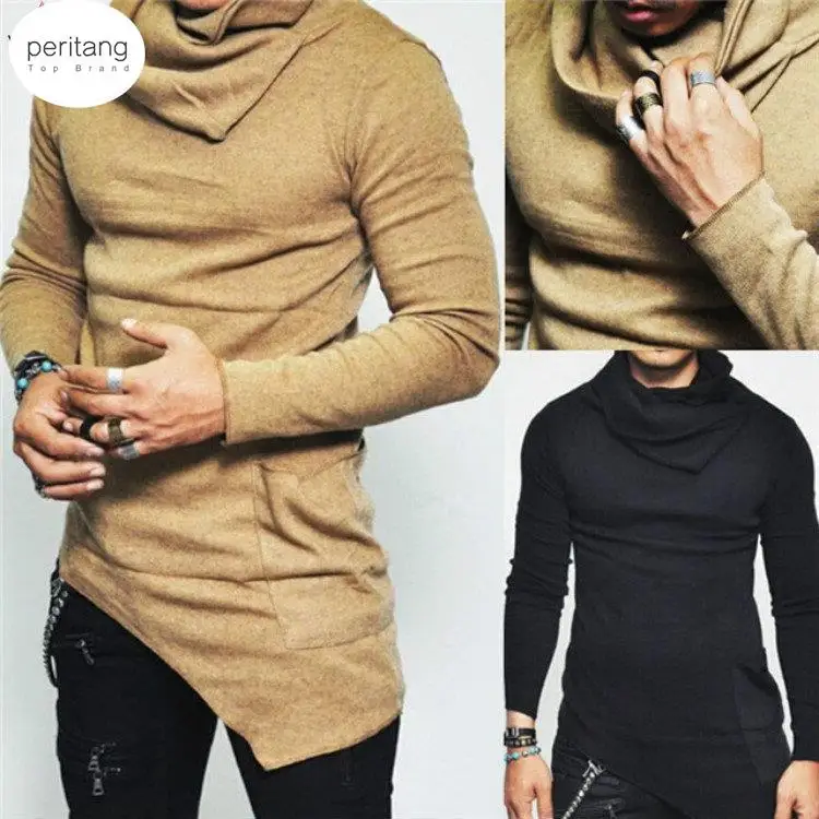 

New 5XL Men's Hoodies Unbalance Hem Pocket Long Sleeve Sweatshirt For Men Clothing Autumn Turtleneck Sweatshirt Top Hoodie