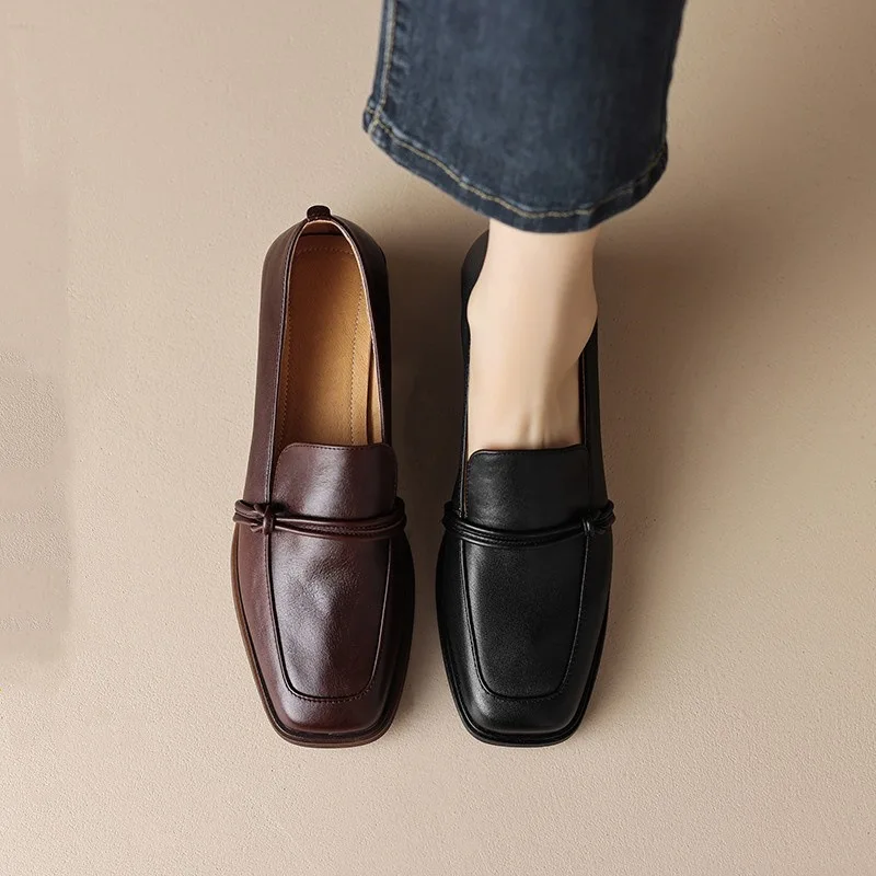 Classic Loafers Women Genuine Cow Leather Square Toe Pumps Slip-on Retro Lady Casual Cozy Shoes Handmade