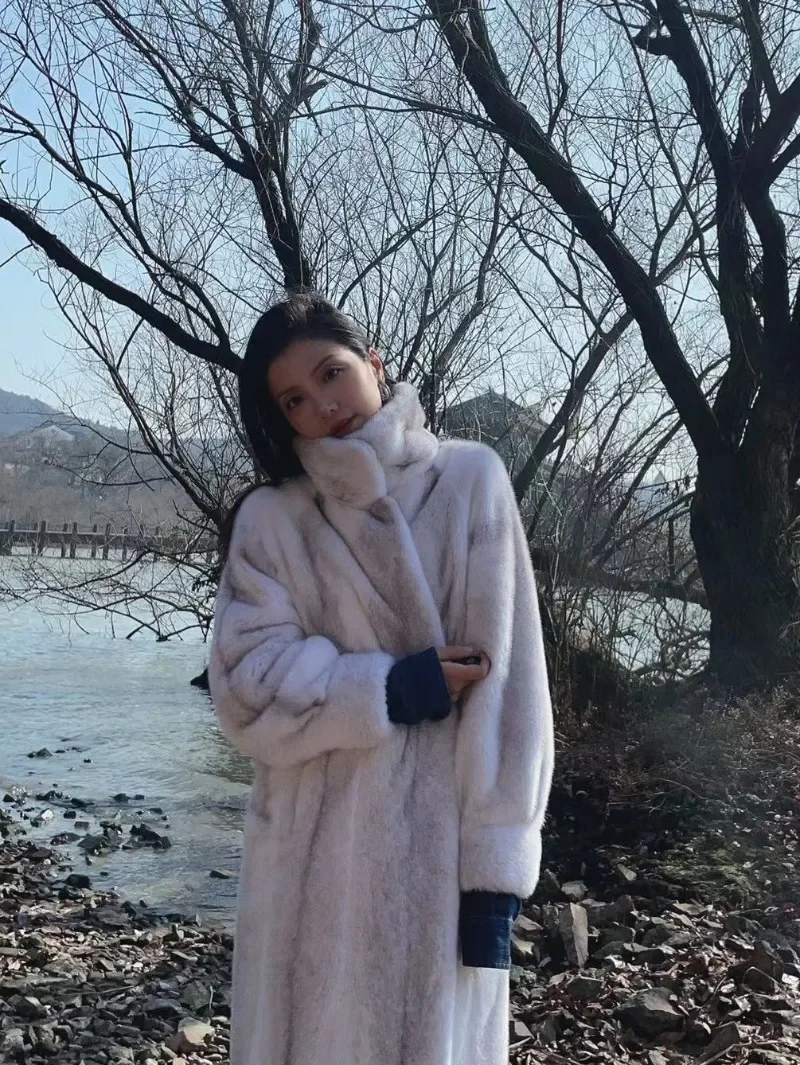 Cross Mink Environmental Fur Stand Collar Coat Female Winter Long Below The Knee Warm Thick Faux Fur Jackets For Women's Clothes