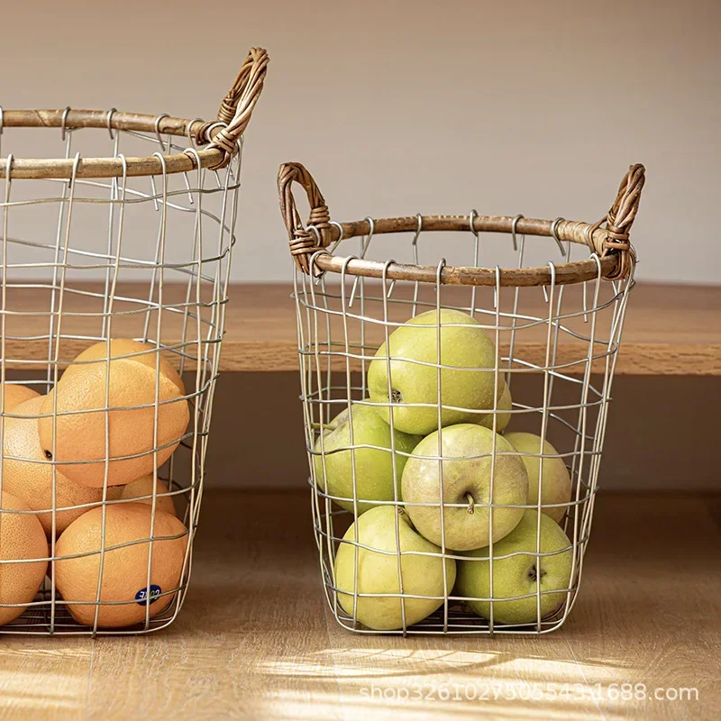 Retro Minimalist Wrought Iron Mesh Storage Basket Woven with Rattan and Iron Wire Pure Handmade Hand-held Storage Basket 4