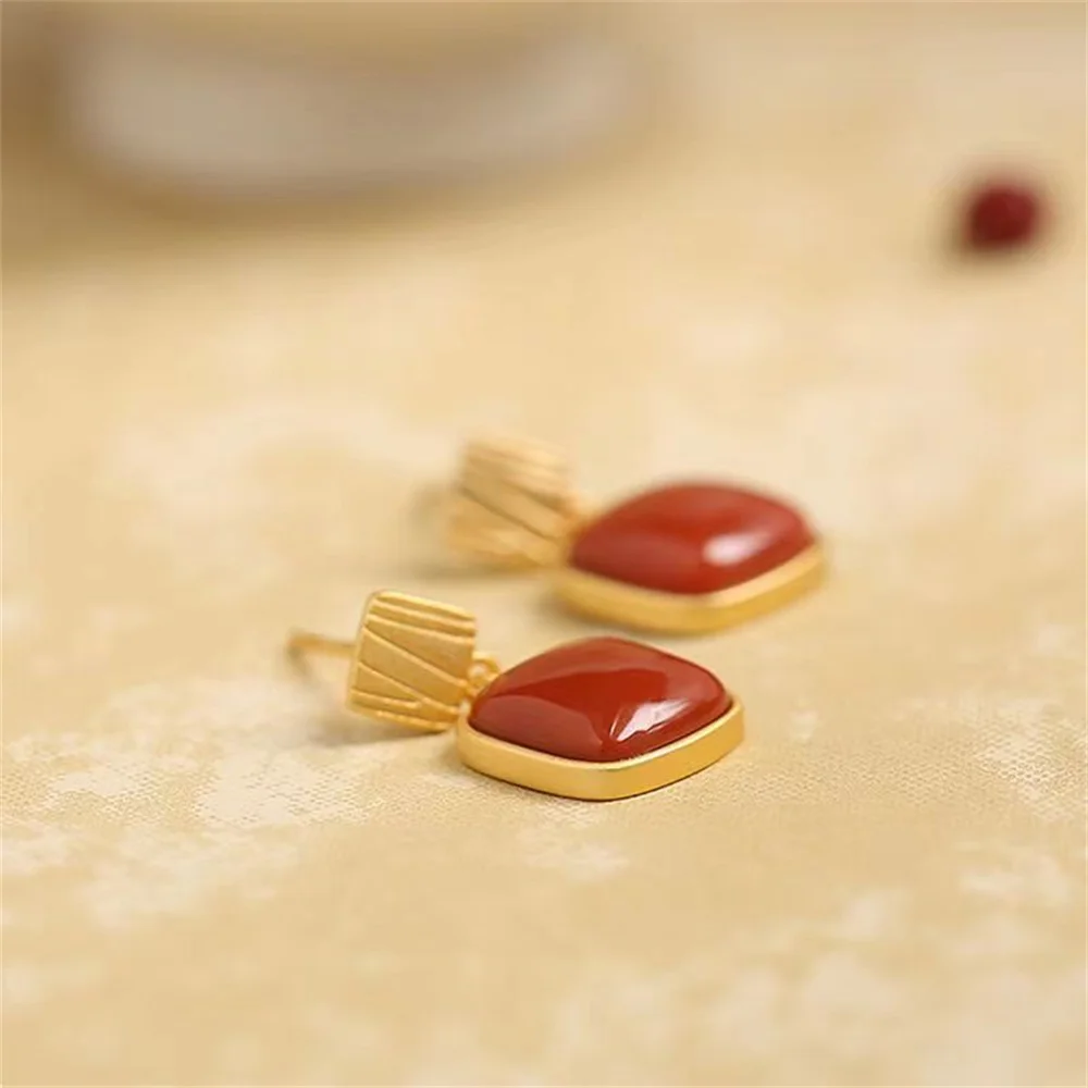S925 Sterling Silver Gold Plated South Red Agate Personality Temperament Geometric Shape Earrings For Wom