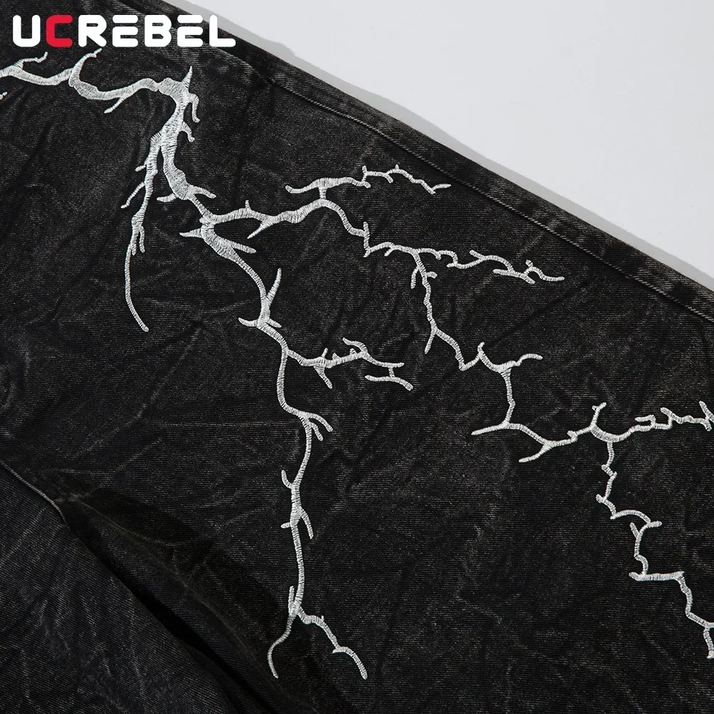 Lightning  Embroidery Jeans Mens High Street Washed Distressed Loose Wide leg Denim Pants Men Trousers 3
