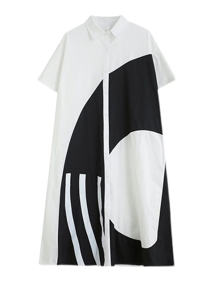 Cotton Black Vintage Print Women Shirt Dress New Loose Casual Lapel Short Sleeve Long Summer Dress Fashion Elegant Clothes 2025