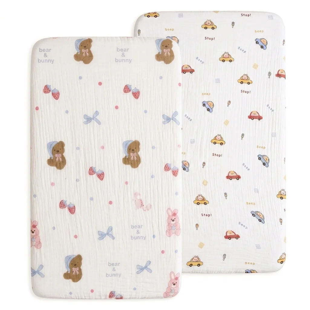 2 Pezzi Lenzuolo con Angoli in Cotone per Neonati, con Stampa Cartone Animato, Morbido e Confortevole, Traspirante e Assorbente, per Materasso - immagine 6