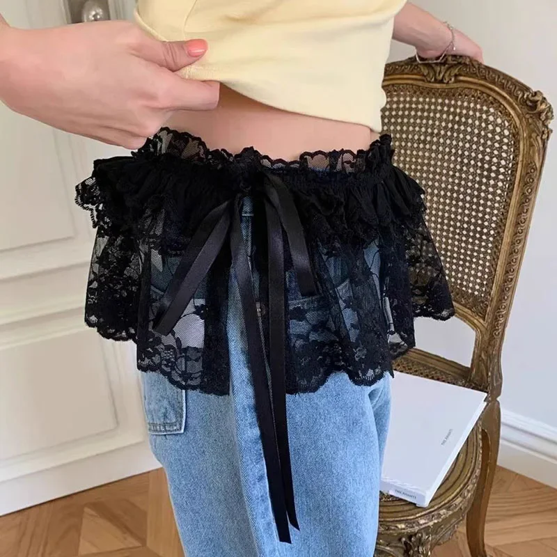 Korean Lace Mini Skirt Women Y2K Streetwear Lace Up Ruffles Skirt Summer Harajuku Kawaii High Waist Pleated Black Skirts Ladies 4