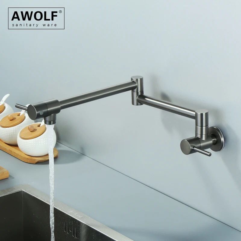 Awolf Wall Mounted Folding Pot Filler Brushed Grey Kitchen Faucet Solid Brass 360 Degree Rotation Single Hole Sink Tap FW008
