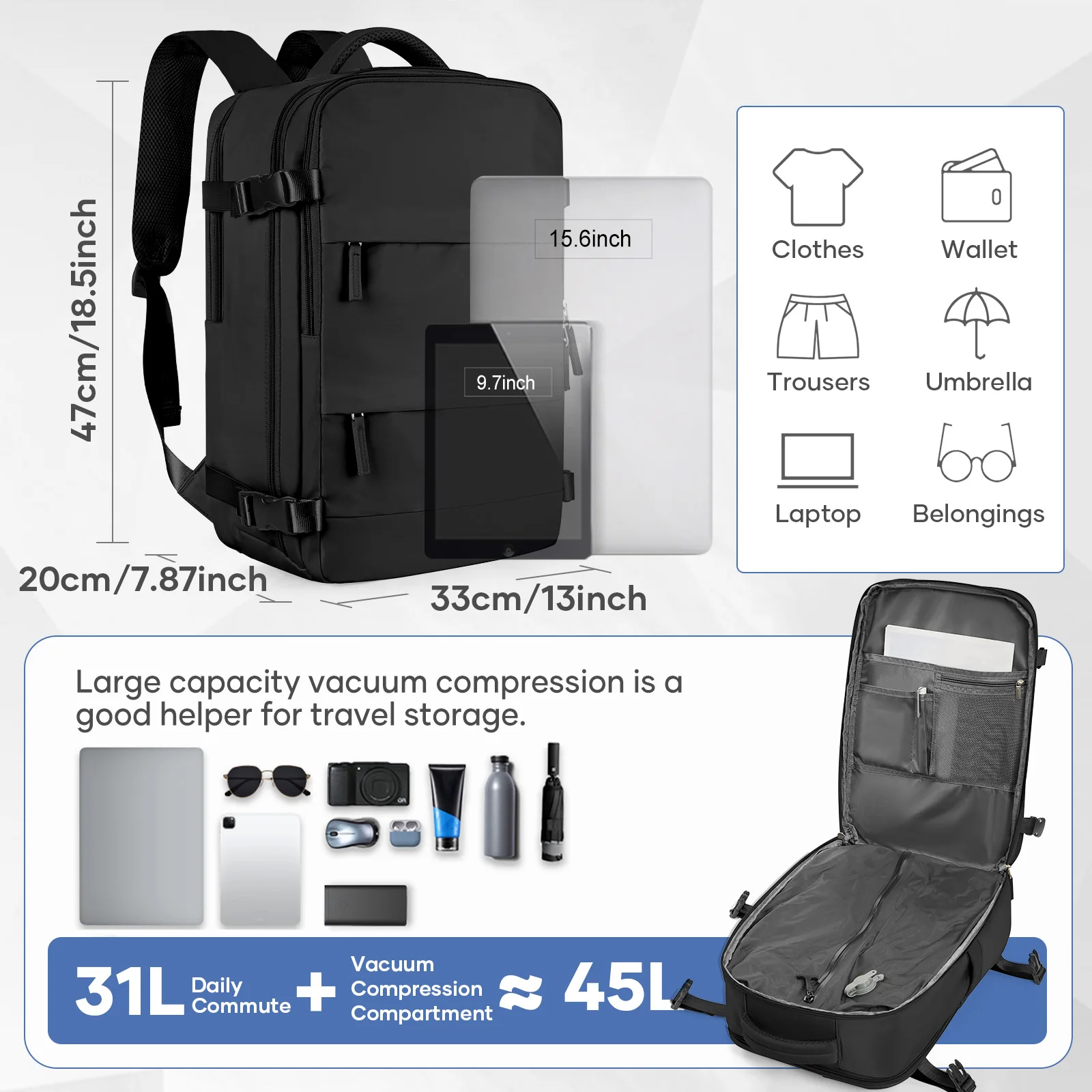 Vacuum Compression Backpack with Air Pump  Approved Airlines, Men Women Travel Backpack, Vacuum Storage Business Laptop Work Bag