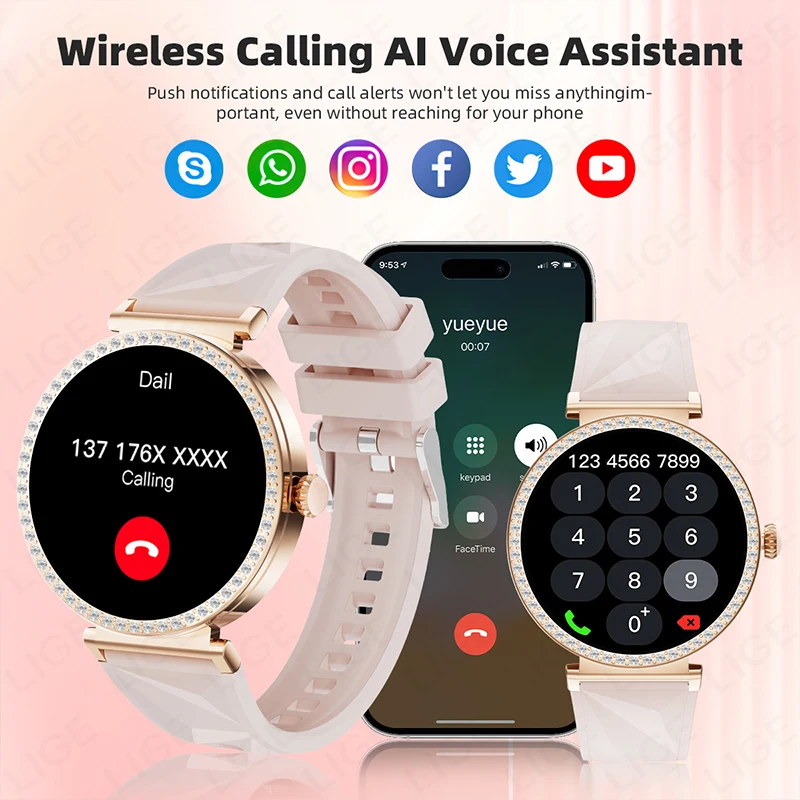 LIGE 2025 GPS Track Women Smart Watch Sports Heart Rate BT Calling AI Voice Ladies Fashion Diamond Smartwatch For Huawei Xiaomi