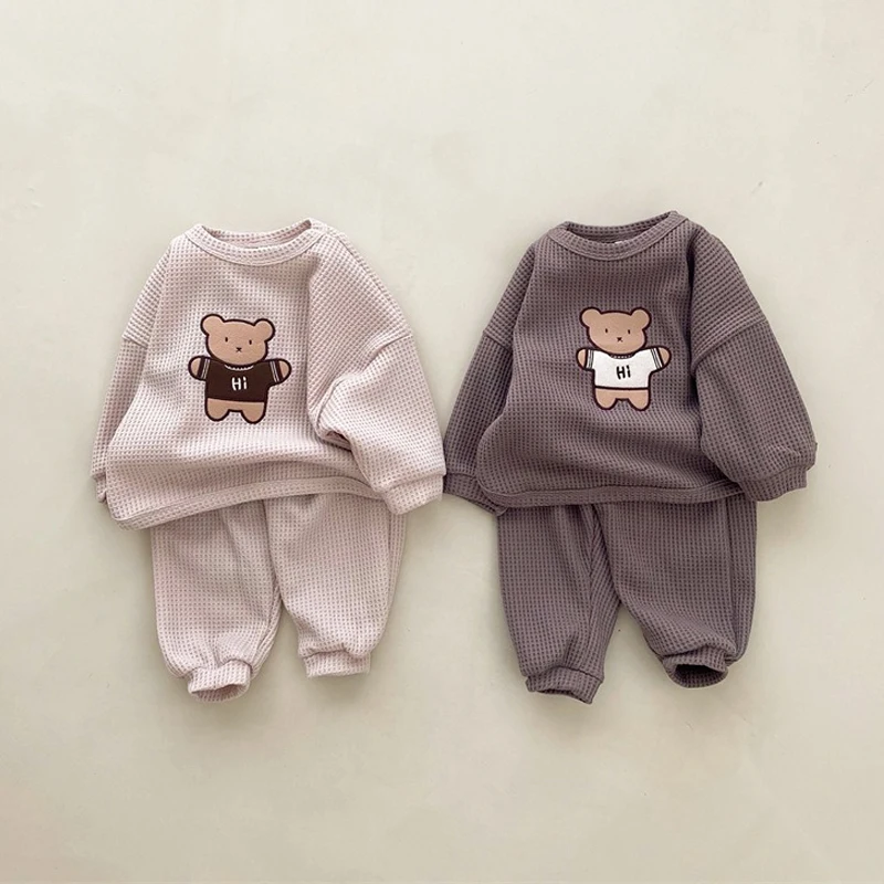 

Autumn Baby Clothing Set Boys Cotton Waffle Long Sleeve Tops for Girl Kids Loose Breathable Cute Bear Sport Suit Children Casual