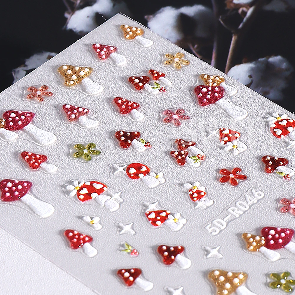5D Embossed Flash Frog Nail Art Sticker Adhesive Mushrooms Flower Autumn Winter Nail Decals Manicure Decoration Nail Supplies