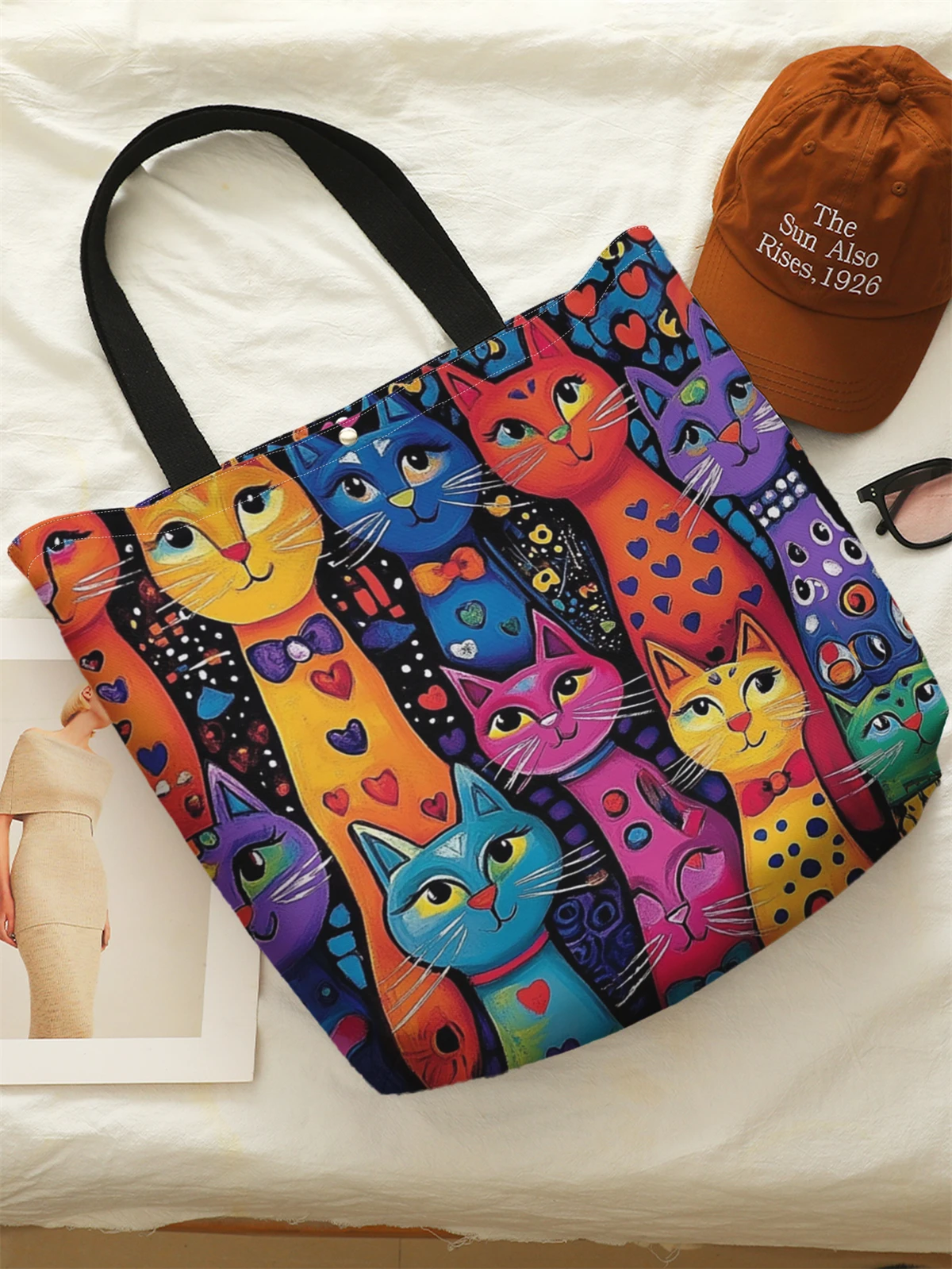 1pc， Tiger pattern handbag, reusable fashionable handbag, multifunctional handbag, printed canvas shopping bag