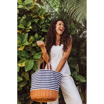 Durable Canvas Tote Bag with Willow Wicker Bottom Stylish Beach Picnic Basket Fully Lined Convenient Grocery Shopping Companion 4