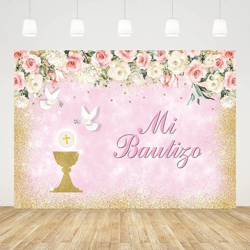 

God Bless Backdrops Newborn Baby First Communion Baptism Party Decor Green Leaf Gold Glitter Birthday Christening Backgrounds