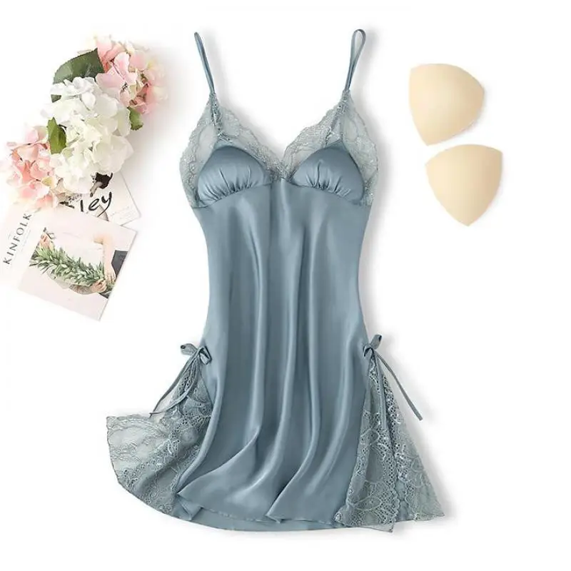 

Летняя кружевная ночная рубашка, женская ночная рубашка, Женская атласная ночная рубашка на бретелях-спагетти, нижнее белье, сексуальный халат, домашняя одежда