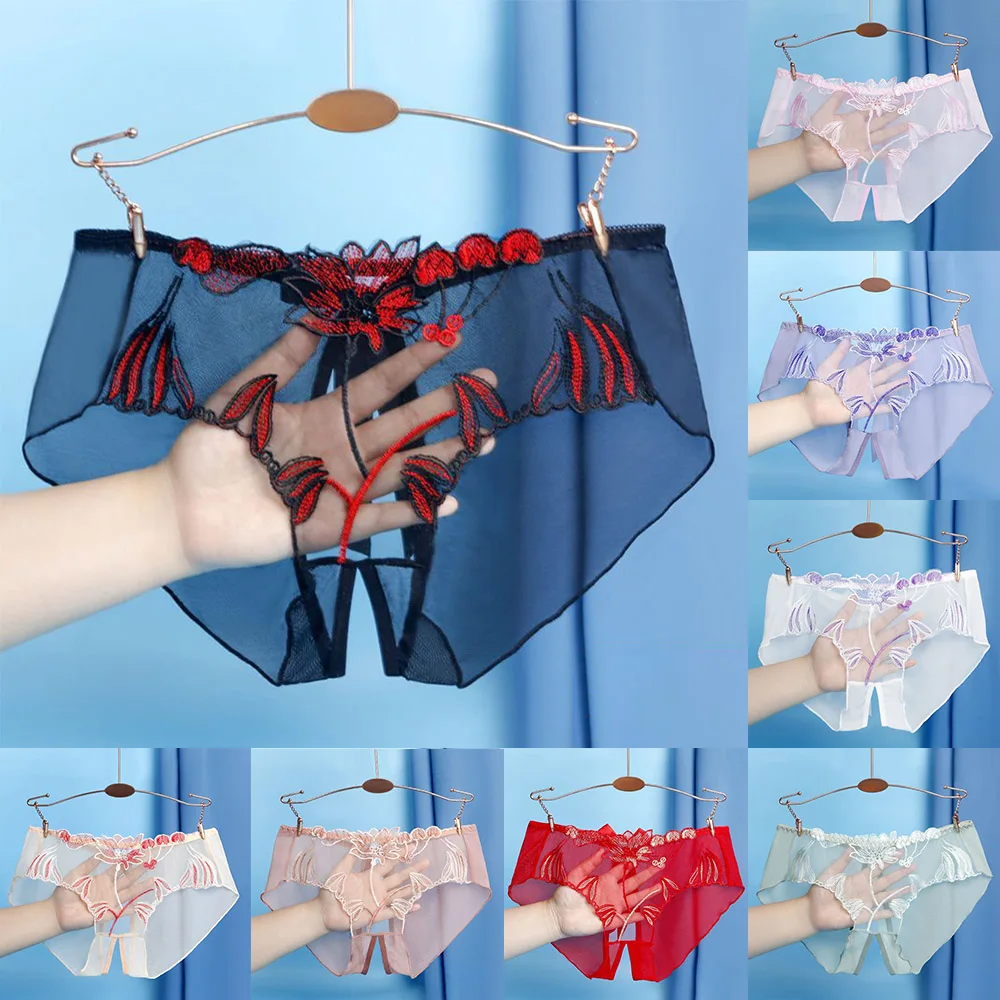 

Women Underwear Floral Mesh Comfort Sheer Crotch Slit Seamless Briefs Panties Lace-Trimmed Floral Mesh Breathable Transparent
