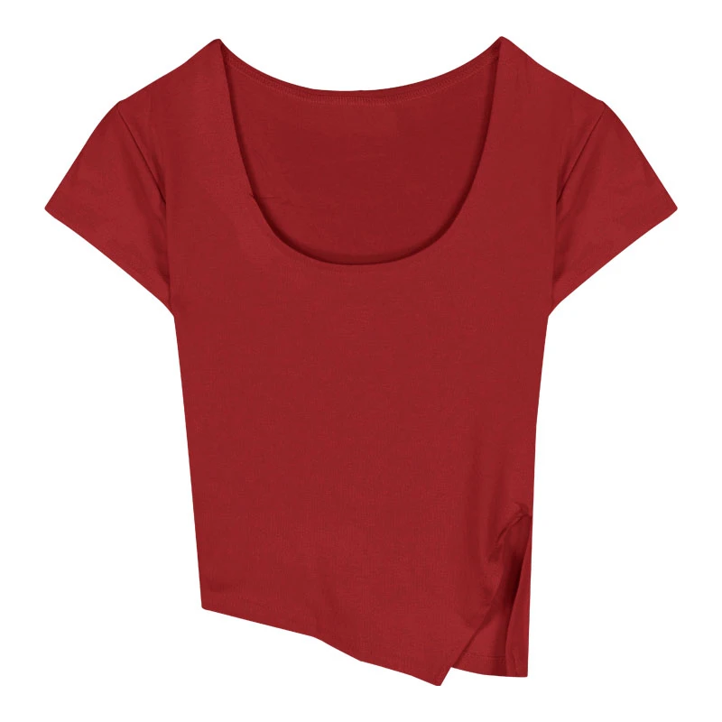 Summer Korean Fashion Y2K T-shirt Woman Japane Crop Top U-neck Split Sexy Red Pink White Tee Shirt Women Vintage767_voghion.com