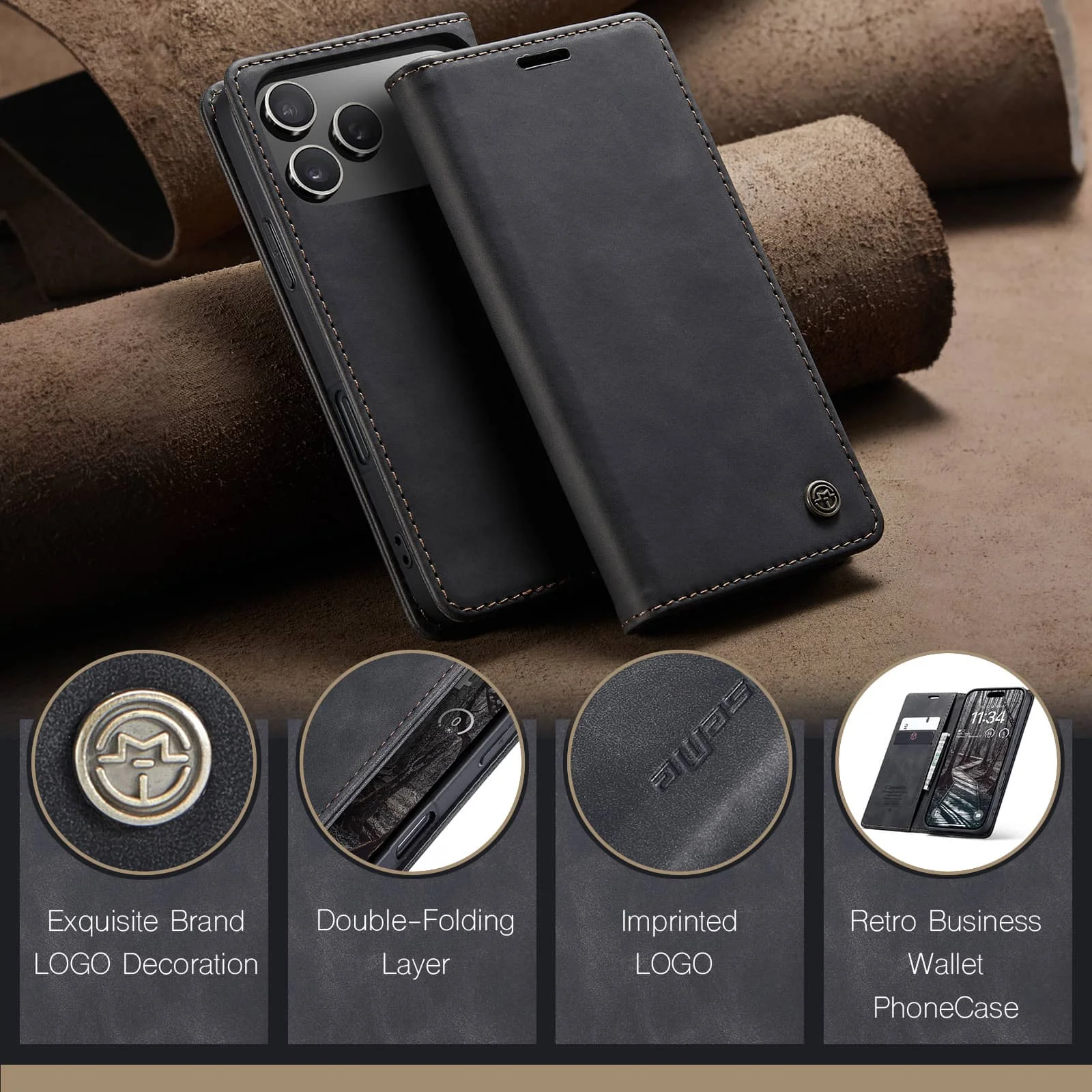 Leather Flip Wallet Case, Magnetic Folio Cover with Card Holder and Shockproof Kickstand
