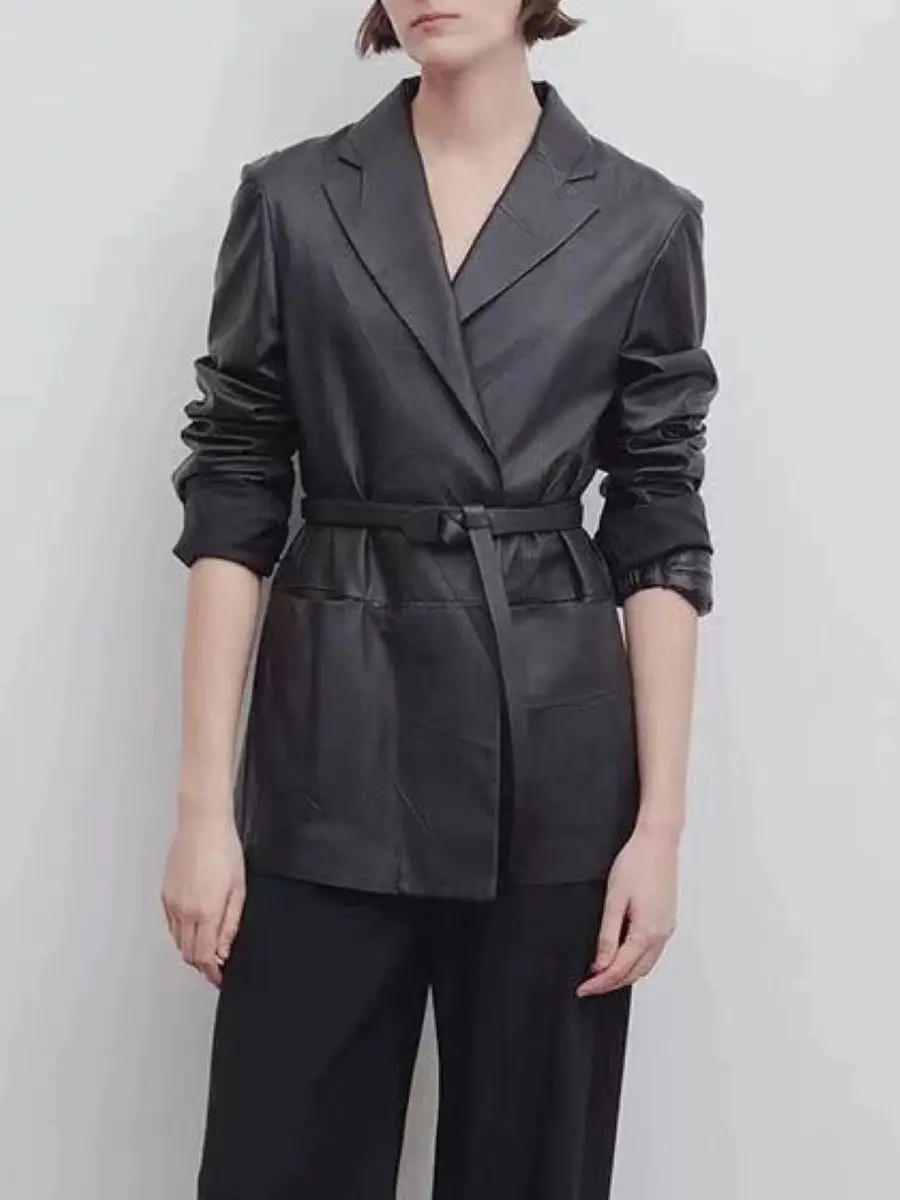 

Women Jacket Notched Long Sleeve Fashion PU Leather Coat with Belt
