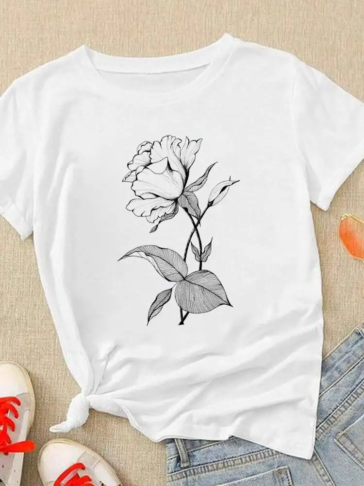 

Flower Trend Lovely Cute Printing T-Shirt Women Lady Tshirts Printed Fashion Casual Tee Clothing Short Sleeve Graphic T Top
