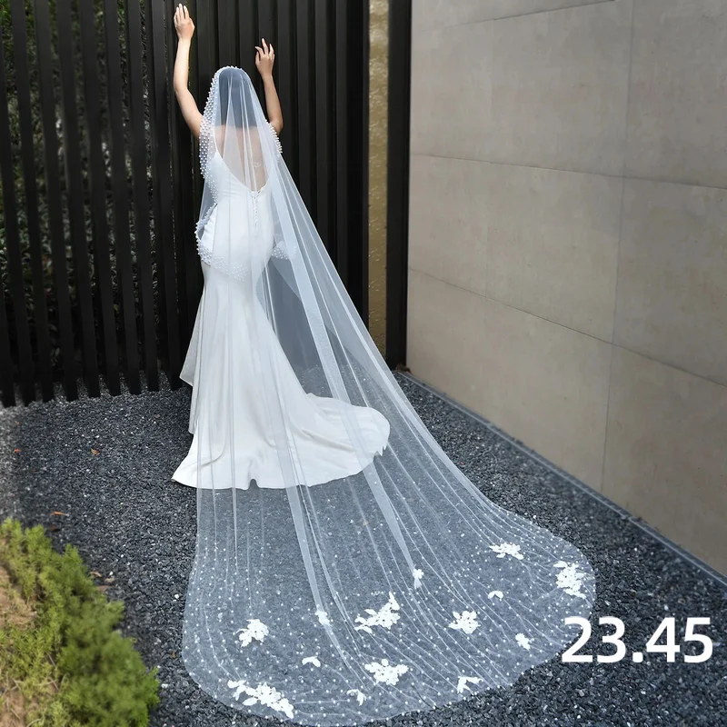 

Фата свадебная длинная из органзы, с жемчугом