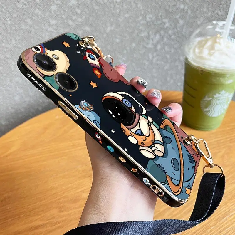 

Moon Astronauts Lanyard Plating Phone Case For OPPO Realme 10 9 9i 8 8i 7 7i 6 Pro Plus C35 C30 C31 C25 C25S C20 C21Y Cover