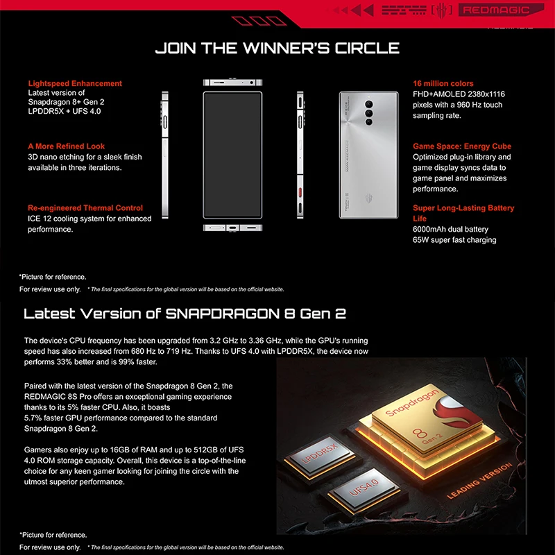 글로벌 버전 Nubia Redmagic 8S Pro 5G 휴대폰, 6.8 인치 120Hz AMOLED 스냅드래곤 8 Gen 2 옥타 코어 65W 초고속 충전 NFC
