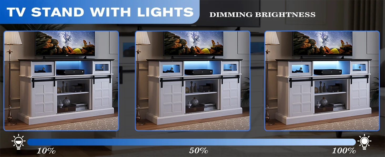 Description Picture 6 of itemLGHM Farmhouse TV Stand w/LED Light, White TV Stand for 65 inch TVs, Entertainment Center TV Cabinet Stands with Flip Drawers.