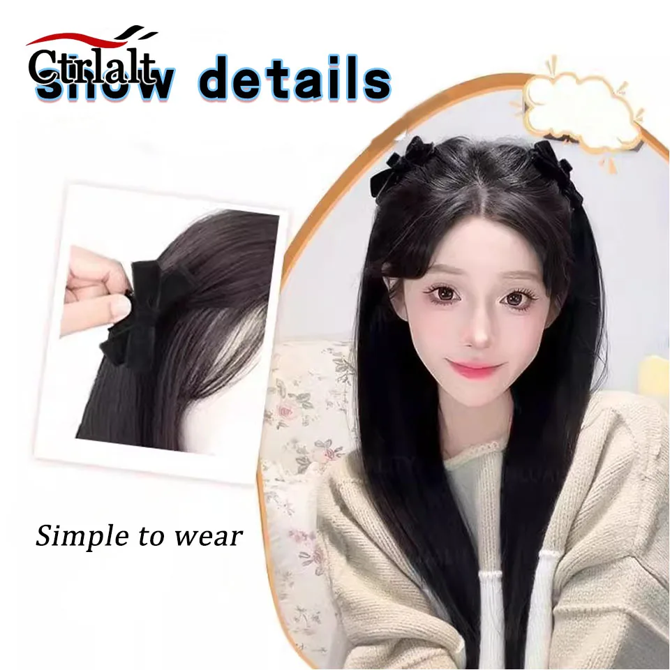 Synthetic 2pc Long Straight Ponytail with Bownot Claw Ponytail Hair Extension Black Brown Natural Fake For Women Daily
