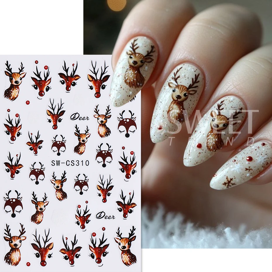2pcs Christmas Nail Stickers Self-Adhesive Cartoon Elk Retro Petals Reindeer Design Nail Decals DIY Manicure Decoration Sliders