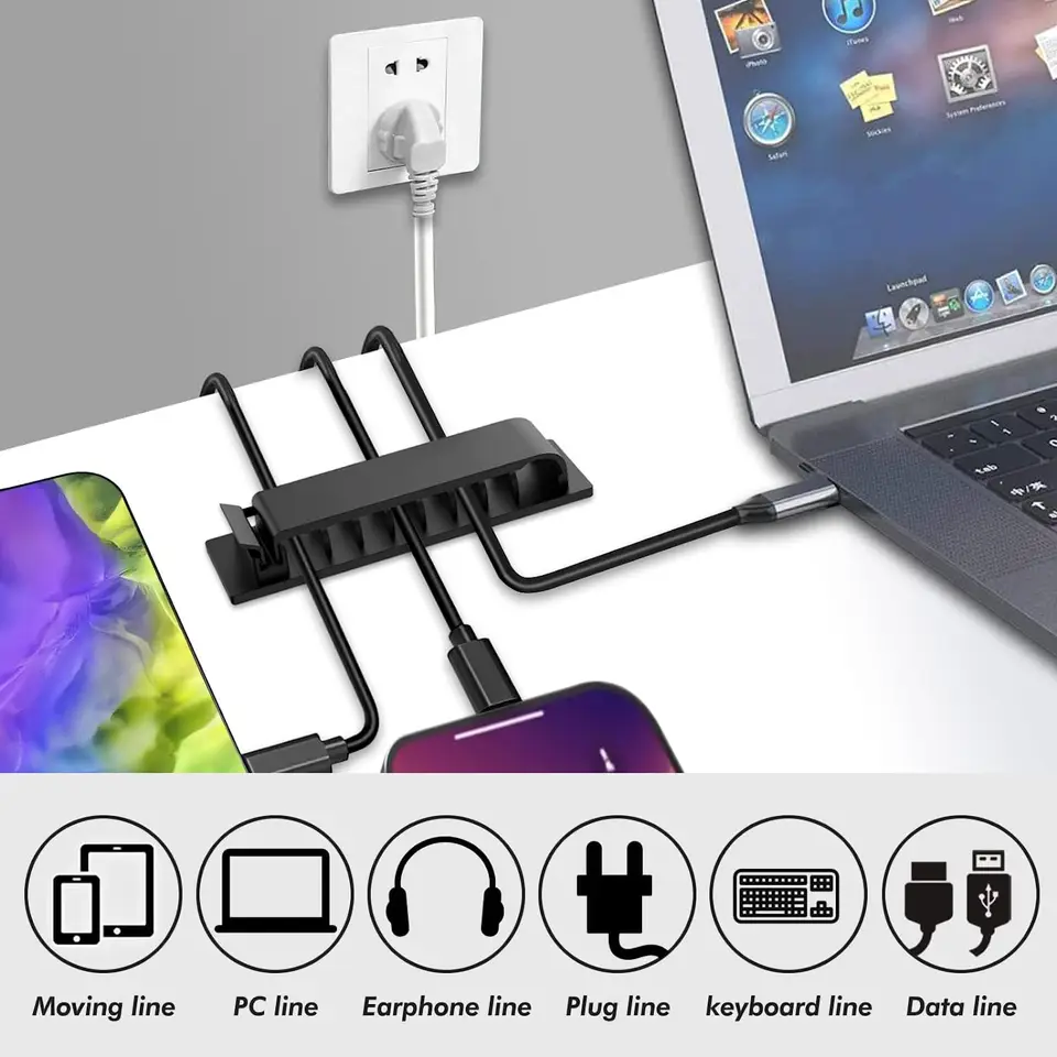 6 Fermacavi Autoadesivi In Silicone – Clip Per Organizzare Cavi USB, Rete, Ricarica, Per Scrivania, Auto E Casa