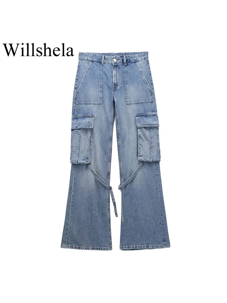 

Willshela Women Fashion With Pockets Denim Blue Front Zipper Jeans Pants Vintage High Waist Full Length Female Chic Trousers