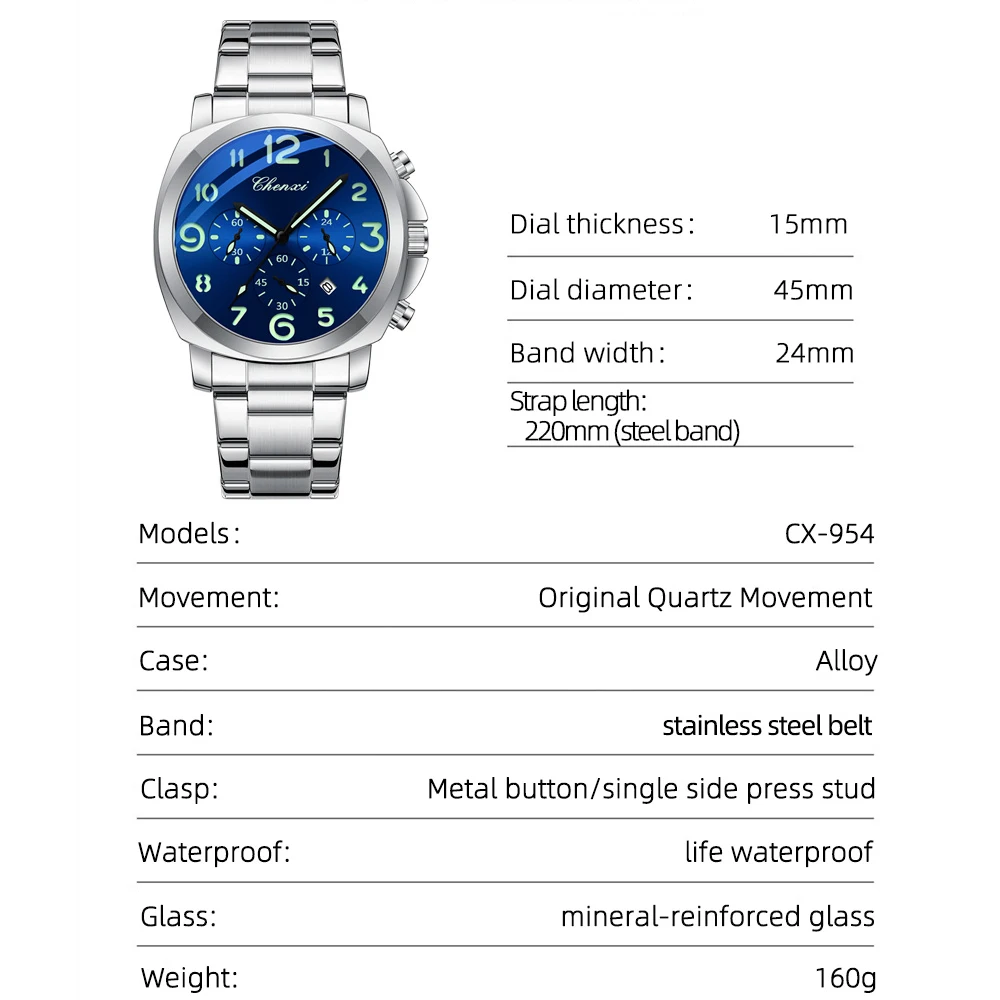 Chenxi Men Watches Stainless Steel Analog Quartz Sport Watches For Man Waterproof Business Classic Design Date Wrist Watch, Alina Gadgets