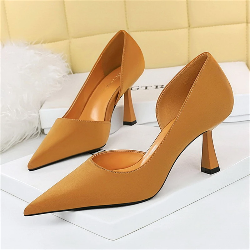 BIGTREE Fashion Simple Sexy Party Stripper Heels Satin Shallow Mouth Pointed Side Hollowed Out Single Shoes Wedding High Heels