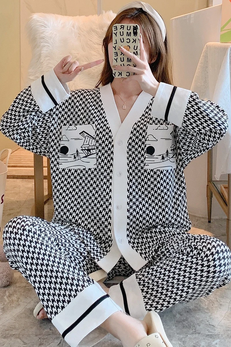 Authentic Cotton Women‘s Pajama Sets Pyjamas Polka Patterns Sleepwear  Loungewear Pijama Mujer Couple Nightwear Homewear Fashion