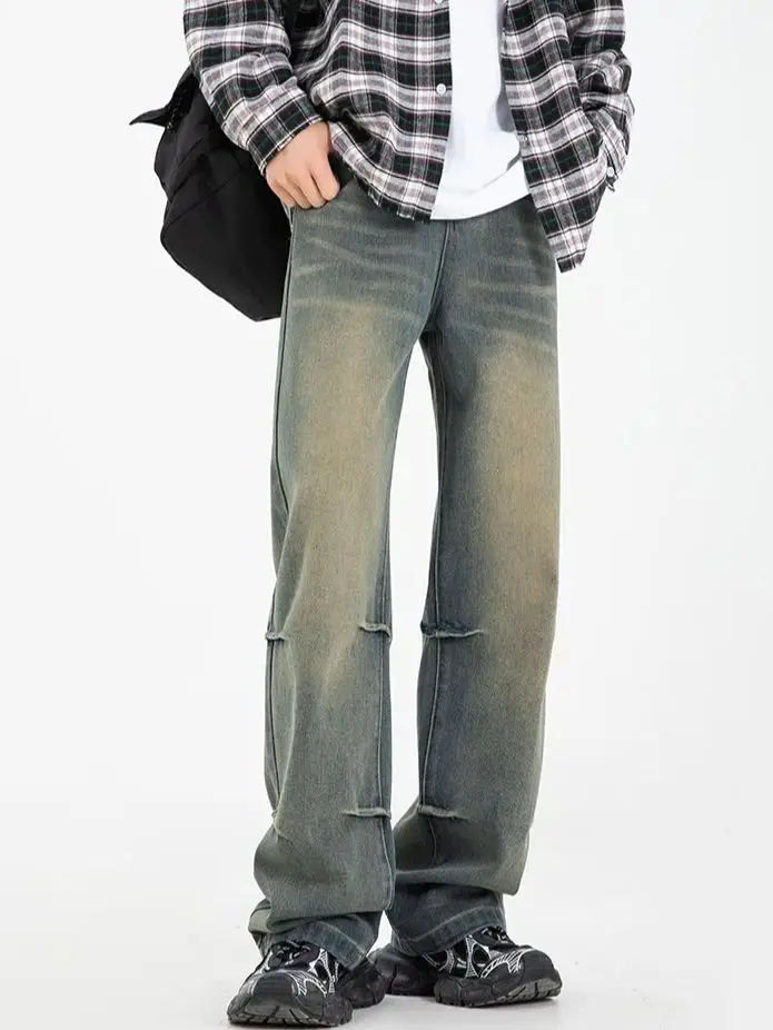 American Retro Washed Jeans Men's Leg Pleated Micro-Large Pants Casual Loose Straight Pants Soft Styles