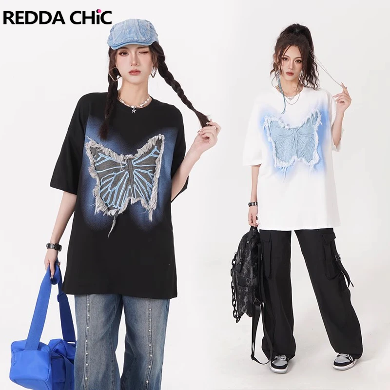 

REDDACHiC Original Vintage Y2k Butterfly Women Cotton T-shirt Black White Animal Patch Unisex Oversize Top Emo Harajuku Pullover