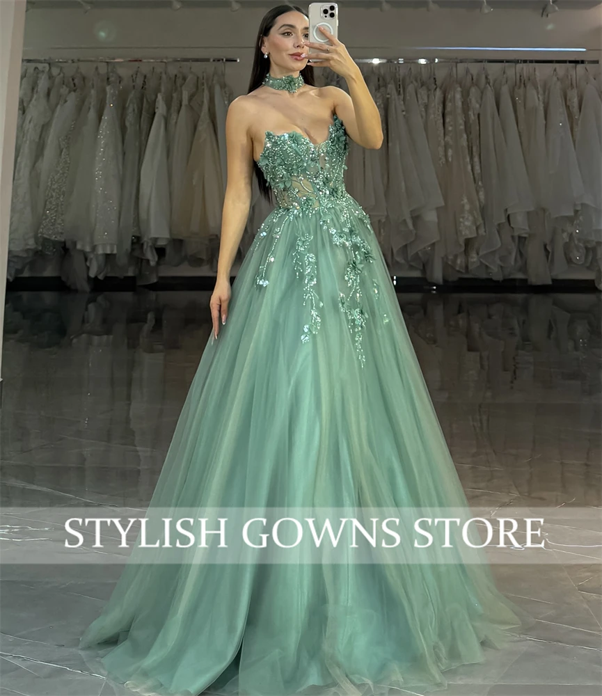 Green Sequins Strapless A-line Evening Dresses Mesh Fabric Floor-Length Formal Prom