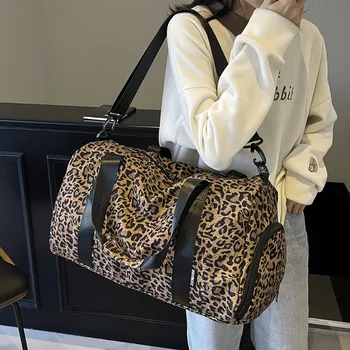 Elegante Borsa a Mano da Donna con Stampa Leopardata, Grande Capacità, Borsa da Viaggio per il Weekend con Scomparto per Scarpe